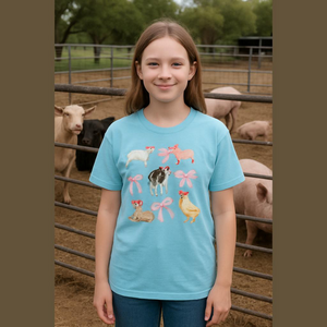 Bella Canvas Blue “Farm Animals & Bows” T-Shirt. Size Large